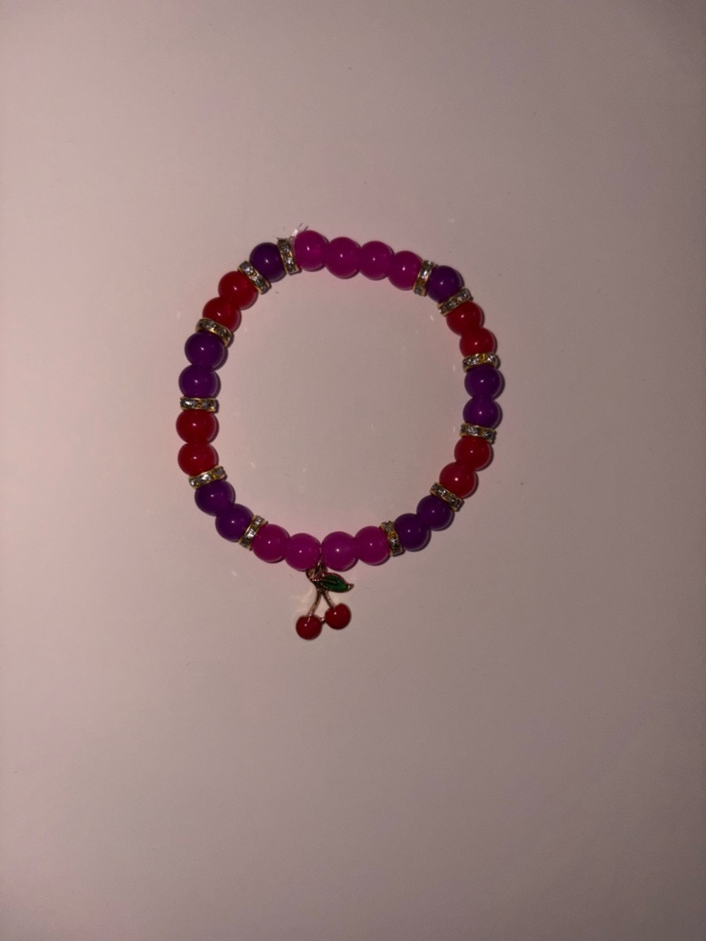 Handmade Cherry Charm Beaded Stretch Bracelet - Pink, Purple, Red
